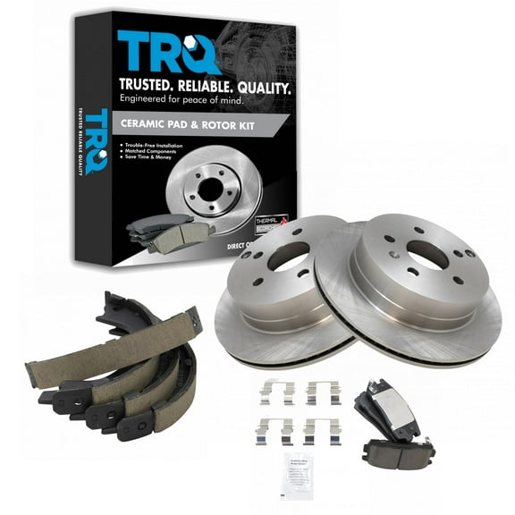 TRQ Rear Brake Pad & Rotor Kit Brake Pads Brake Rotor Parking Brake Shoe Set Ceramic Fits Select 2010-2017 Chevrolet Equinox GMC Terrain