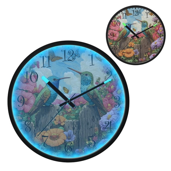 Voice Activated Clock with Glow Light 12 Inch Large Silent Wall Clock Battery Operated for Home Decor Hummingbirds and Flowers