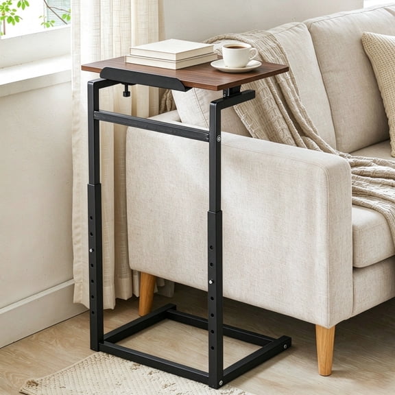 Finew C-Shaped End Table, 8 Level Height Adjustable, 90° Tilt Tabletop with Tablet Slot, Sofa Side Table for Small Spaces, Brown