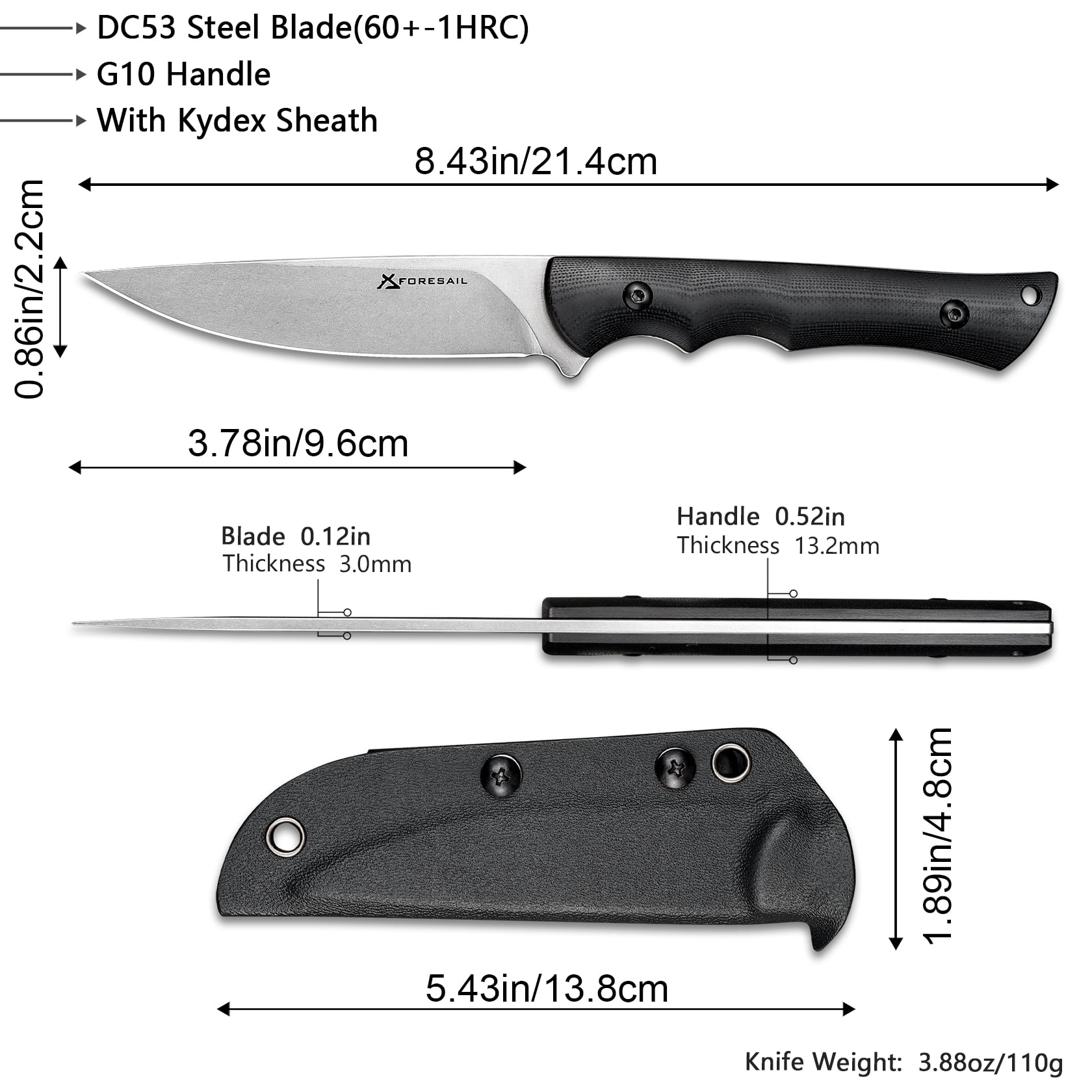 FORESAIL Small Fixed Blade Knife,3.86in DC53 Steel Blade and G10 Handle,with Sheath,Black