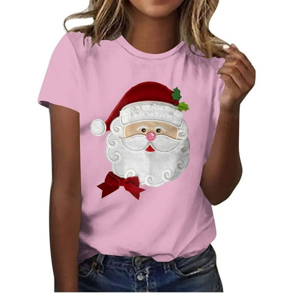Women’s Vintage Pink Santa Claus Face Christmas T Shirt Jolly Holiday Graphic Short Sleeve Crewneck Tee Cute Festive Xmas Top for Women Casual Holiday Wear