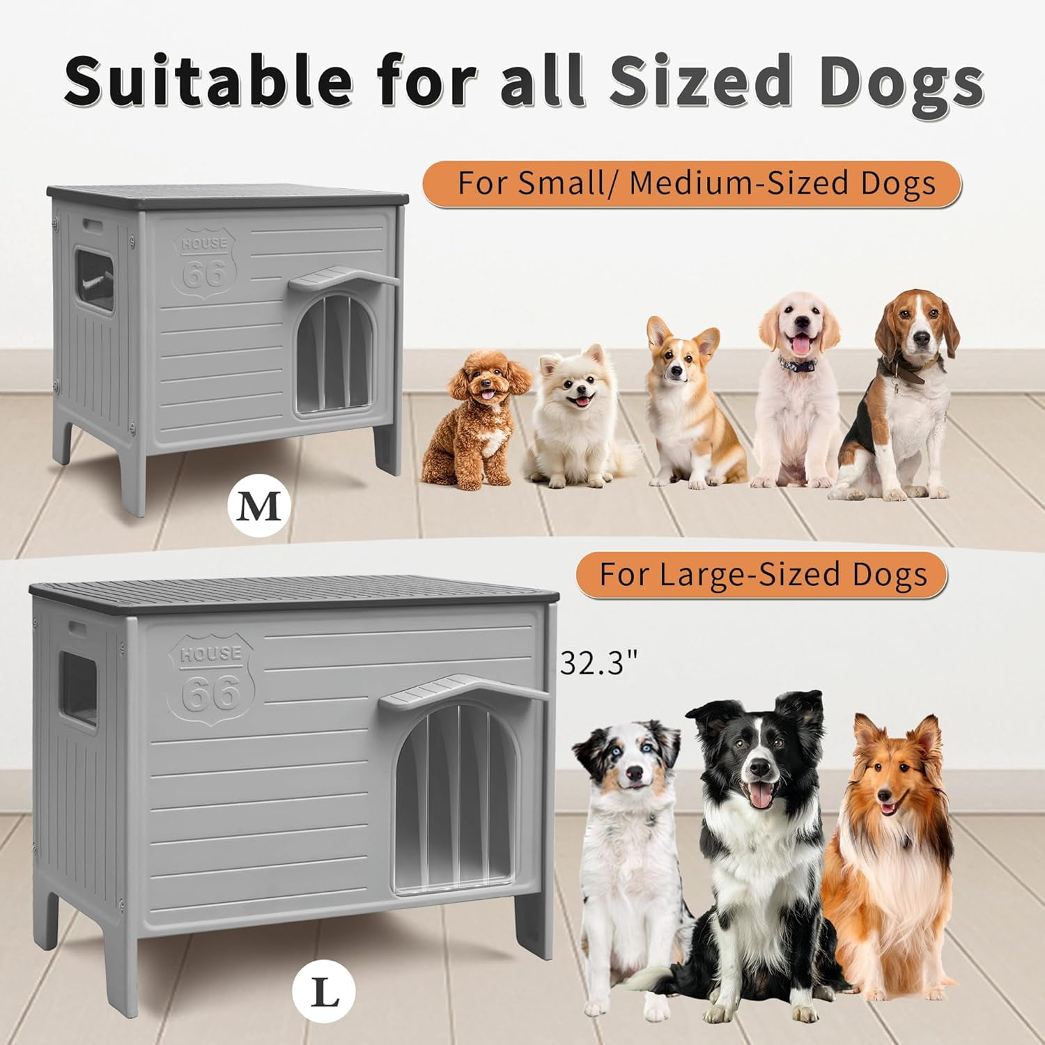 Dog House Outdoor Indoor for Small Medium Dogs, Insulated Dog House with Mat, Plastic Elevated Outdoor Dog House Waterproof Dog Kennel with Window, Clean Easily(M & Mat)