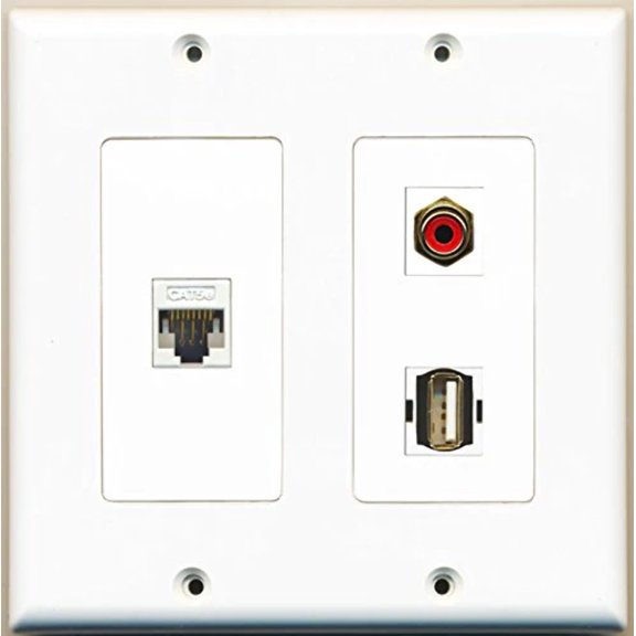 RiteAV - 1 Port RCA Red 1 Port USB A-A 1 Port Cat5e Ethernet White - 2 Gang Wall Plate