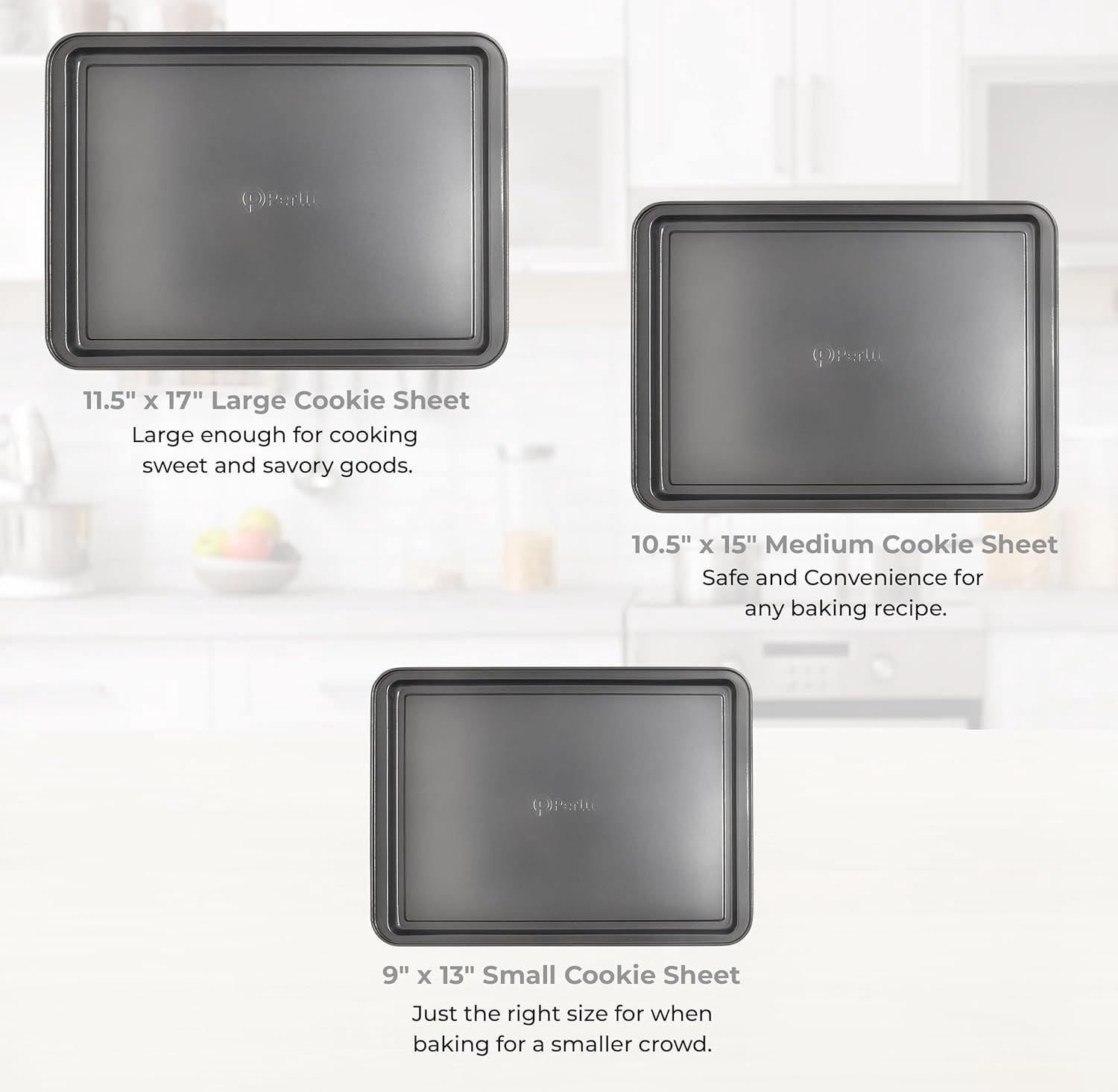 PERLLI Non-Stick 3-Piece Baking Pan Set, BPA-Free Gray Carbon Steel Bakeware Set, Stackable Kitchen Oven Set, Cookie Sheet, Baking Tray, Baking Sheet Set, Oven Safe (446?F)