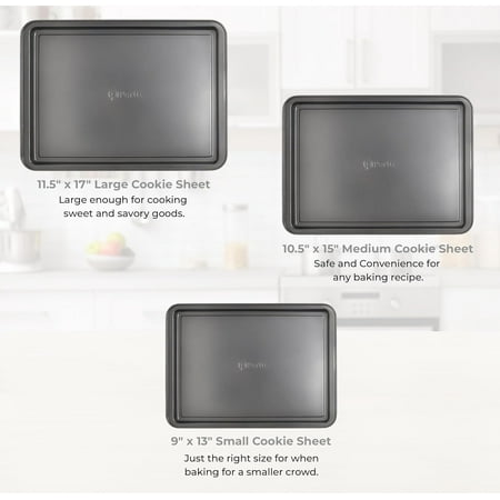 HYTHU-Non-Stick 3-Piece Baking Pan Set, BPA-Free Gray Carbon Steel Bakeware Set, Stackable Kitchen Oven Set, Cookie Sheet, Baking Tray, Baking Sheet Set, Oven Safe (446°F)