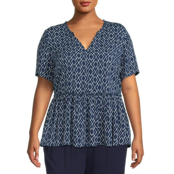 Heart N' Crush Women's Plus Size Geo Print Ruffle Neck Babydoll Top