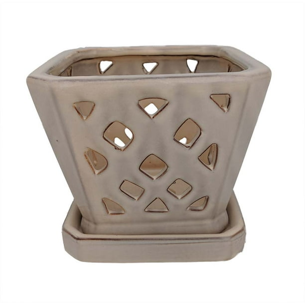 Diamond Ceramic Orchid Pot/Saucer 5" Square Cream