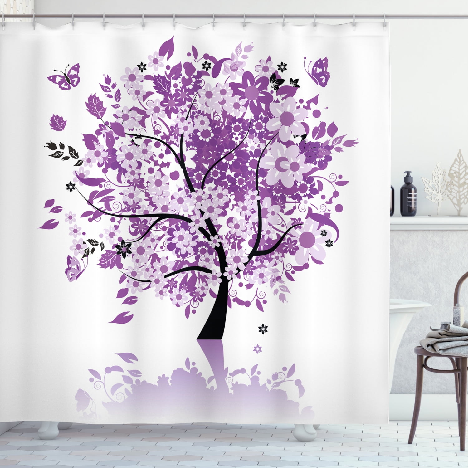 Gradient Background Butterfly Flowers 79" Waterproof Fabric Shower Curtain Hooks 