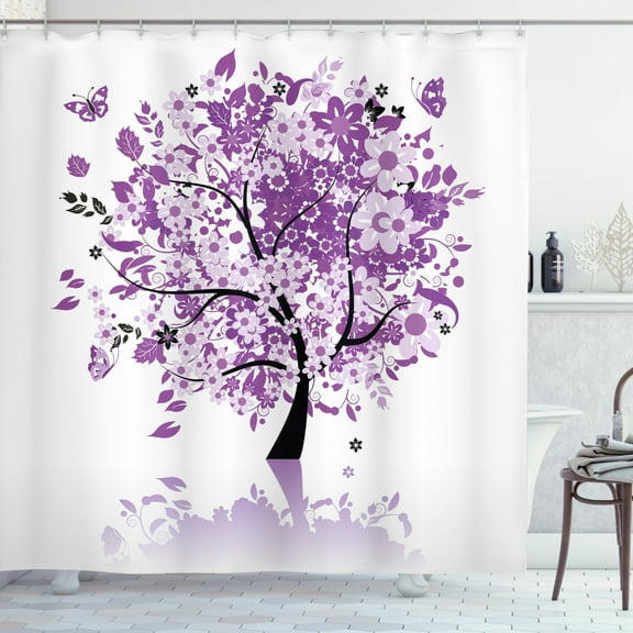 Nature Shower Curtain, Spring Tree of Life Sacred Woods with Blooming Flower and Butterfly Flying Romance, Fabric Bathroom Set with Hooks, 69W X 70L Inches, Lilac Purple, by Ambesonne