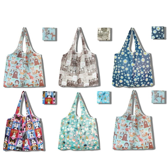 GoXteam 6 Pack Mixed Color Reusable Grocery Bags with Handles Bulk Heavy Duty, Shopping Foldable Kitchen Bags Large Machine Washable for Pocket Nylon Tote, Polyester Cloth