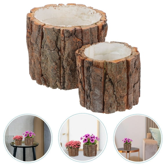 PTOOTP Natural Wooden Flower Pot Set 2Pcs Light Brown Rustic Planter for Indoor Outdoor Storage