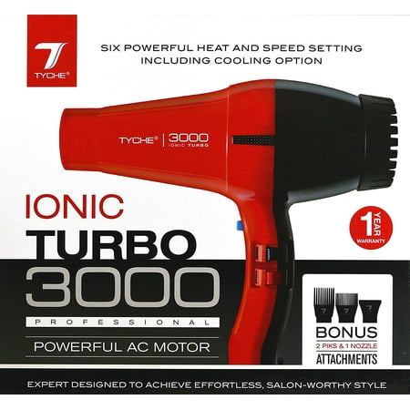 Tyche Turbo 3000 RED BLACK Professional Ionic Ceramic Tech Hair Dryer (1 Year Warranty) Dries Hair Fast, Negative Ions, Infrared, Hair Shine, Electromagnetic, Radiation, Heat & Air Distribution