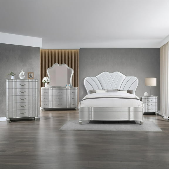 Eros Queen 5PC Bedroom Set with Manufactured Wood & Tufted Detailing in Silver