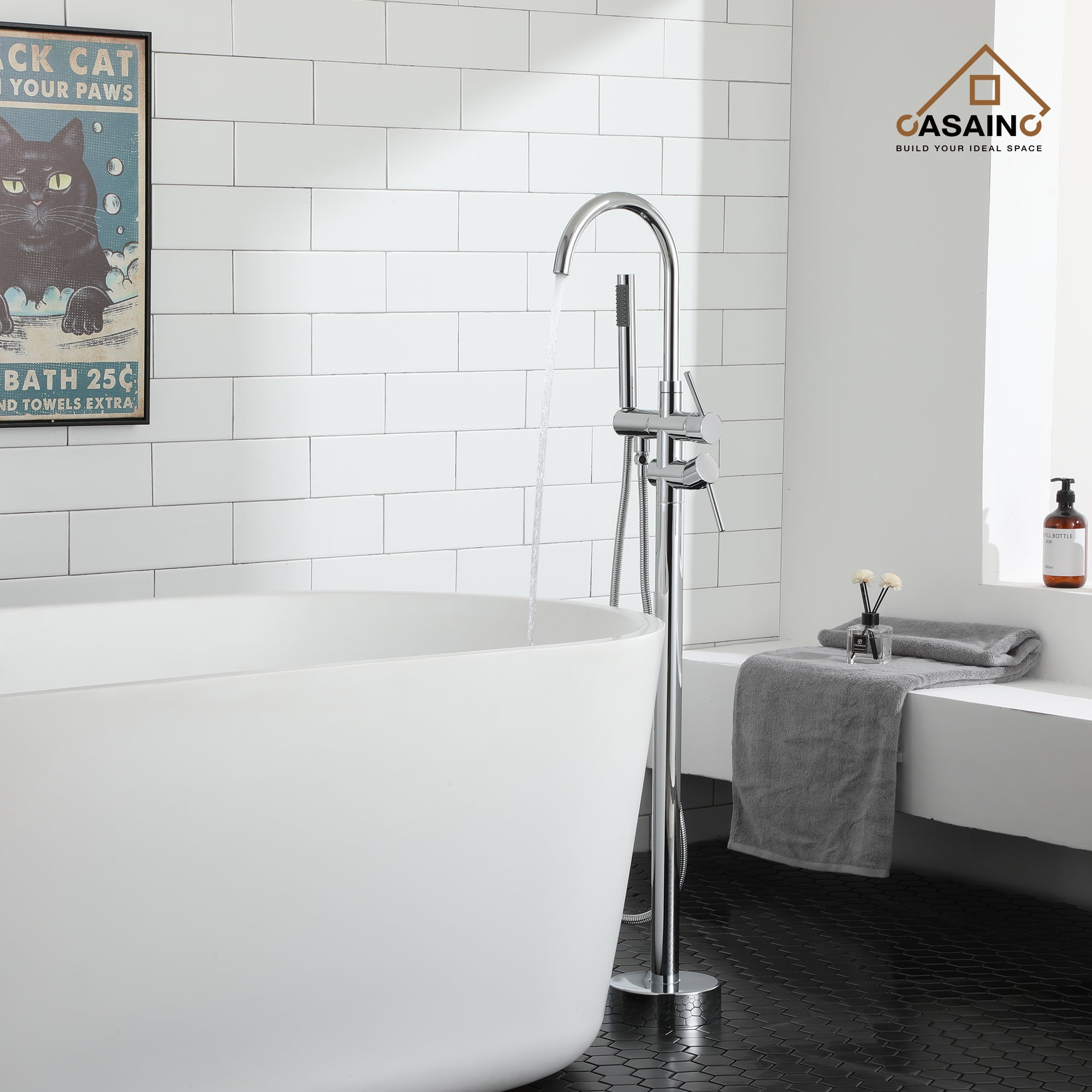 CASAINC 2-Handle Residentail Freestanding Bathtub Faucet with Hand Shower in Chrome