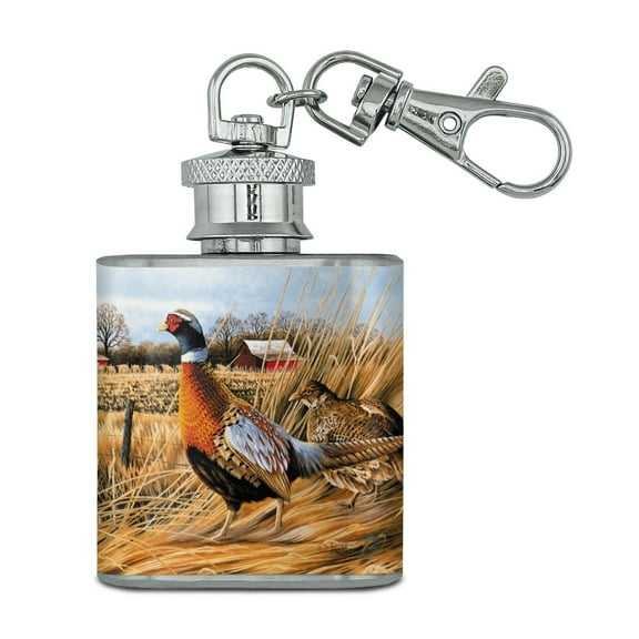 Pheasants on the Farm Stainless Steel 1oz Mini Flask Key Chain