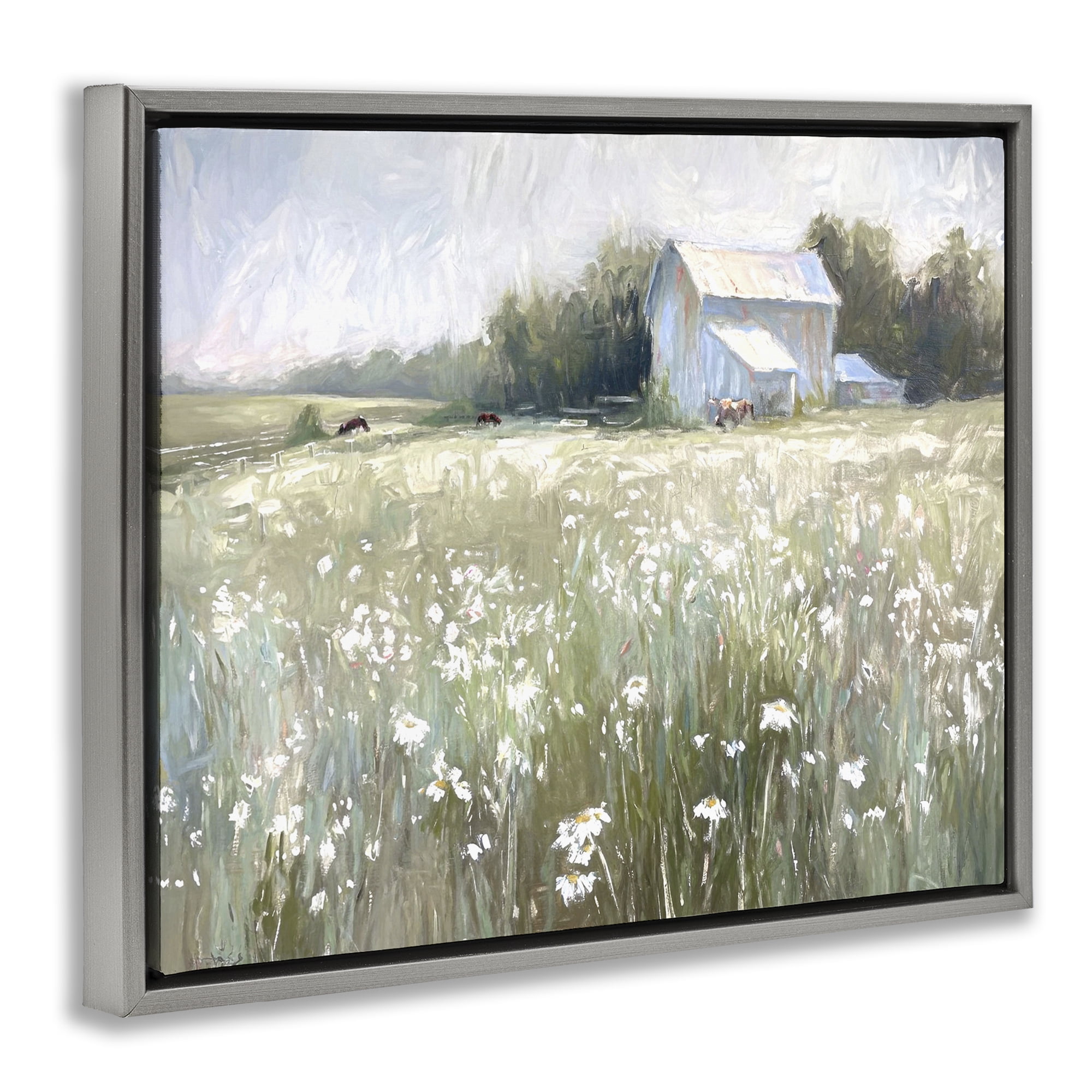Stupell Industries Peaceful Pasture Meadow Landscape Painting Gray Floater Framed Canvas Art Print Wall Art, 21 x 17