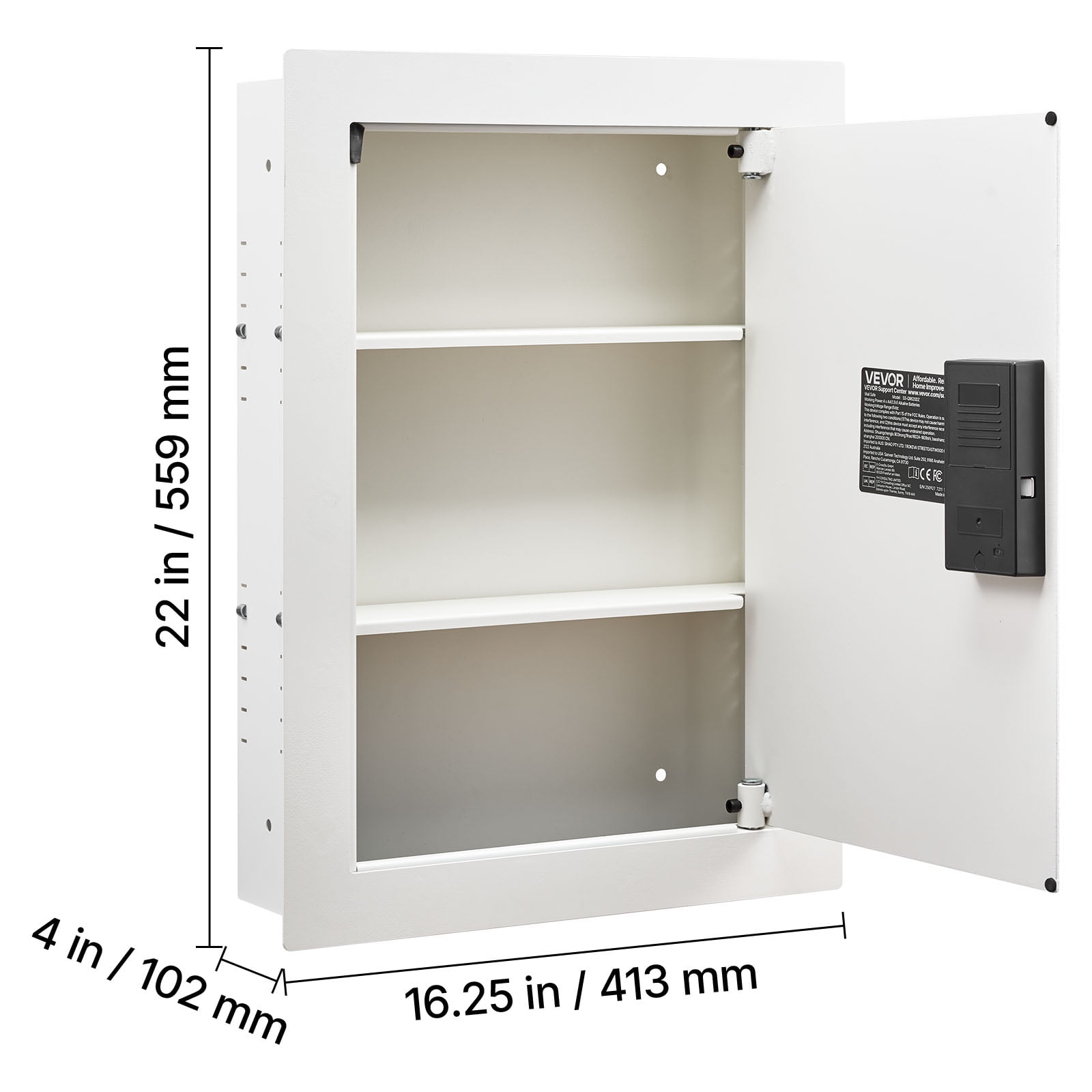 VEVOR 0.83 sq.ft Wall Safe, 3-Tier Hidden Wall Safe with Password, Key & Turning Knob, Q235 Cold-Rolled Steel In-Wall Box with Adjustable Shelves & Mounting Holes for Money, Jewelry, Passport, White