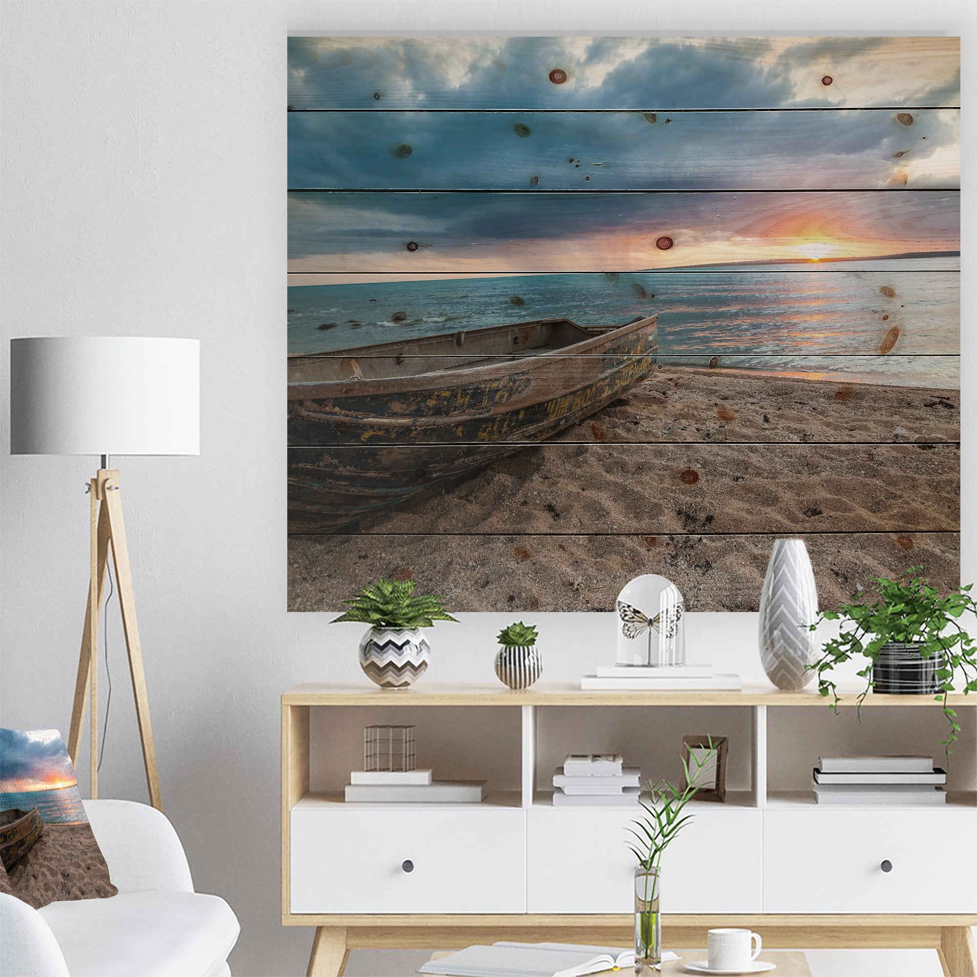 Designart - Rusty Row Boat on Sand at Sunset - Extra Large Seascape Art  Canvas