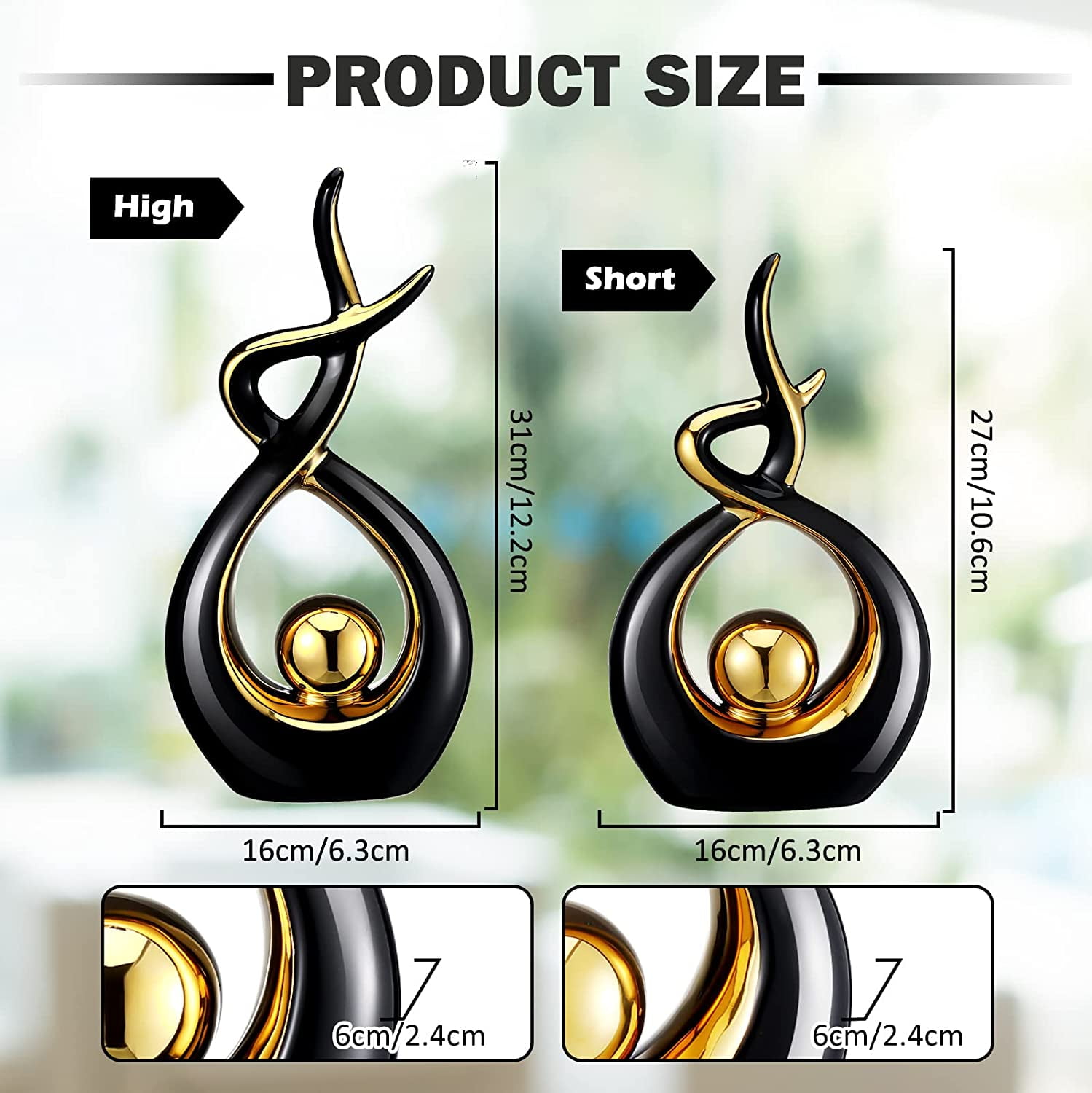 2 Pcs Modern Room Ceramic Decor Center Pieces Table Decorations Ceramic Statue Coffee Table Decor Dining Table Decor Centerpiece for Home Office Coffee Table Living Room, 2 Size (Black, Gold)