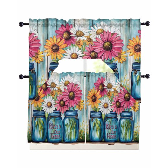 Red White Daisy Kitchen Curtains Swag Valance and Tier Curtains Set 36 Inch Length, Vintage Bottle Teal Wooden Grain Rod Pocket Drape Panels Pair Swag Curtain for Bathroom/Cafe/Window