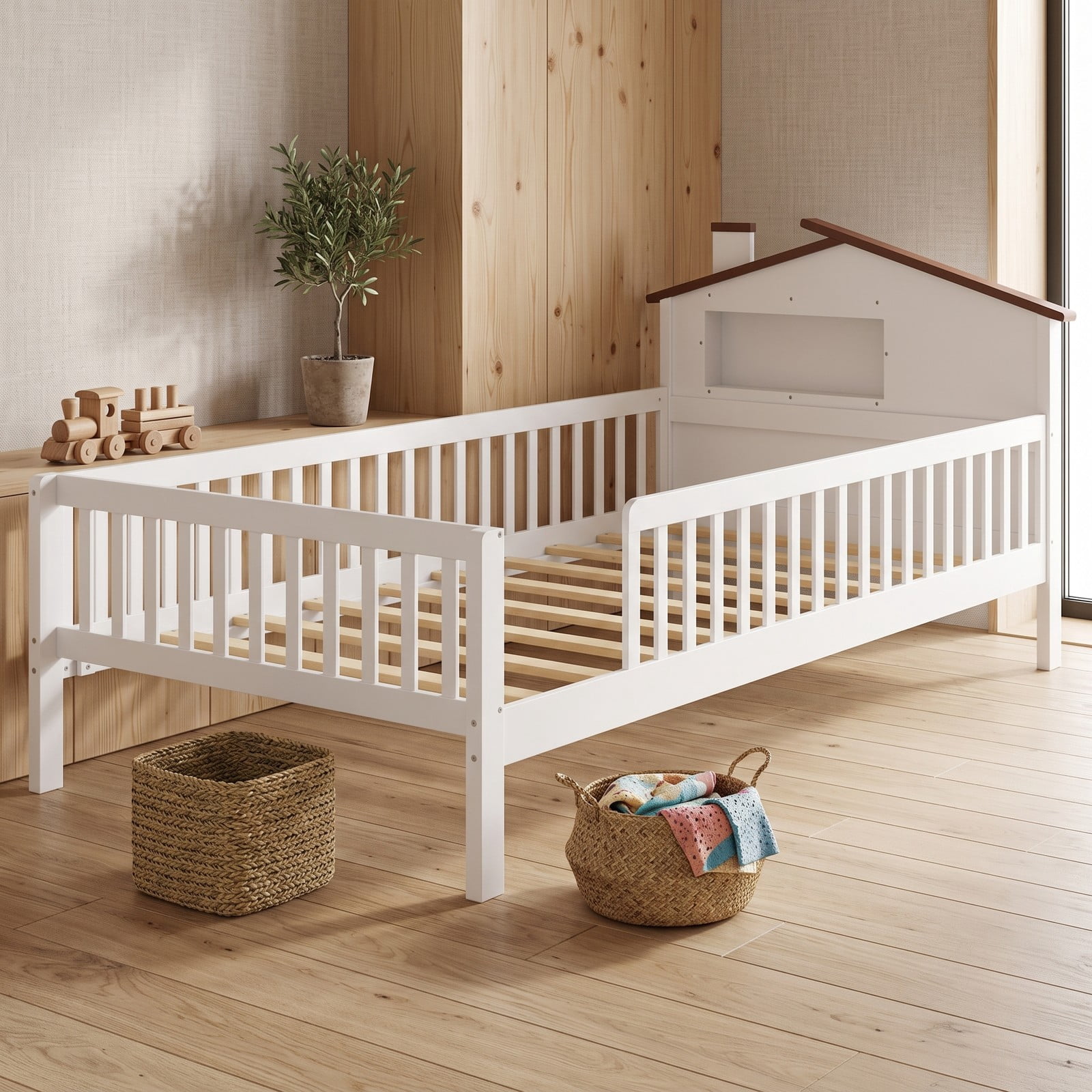 Furnibear Full Size Bed Frame Montessori Floor Bed with House Headboard and Storage Shelf and Guardrails for Kids Room, White