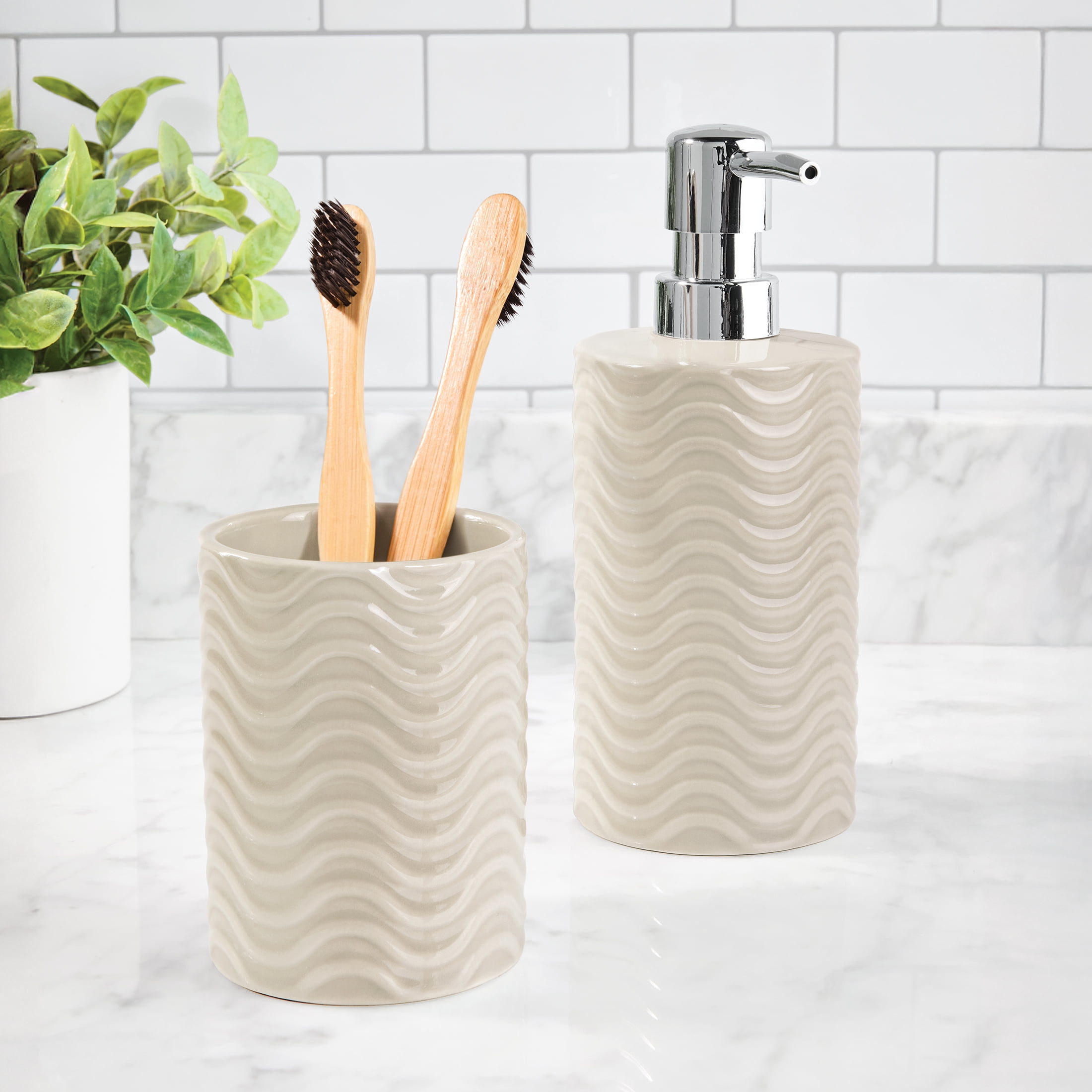Mainstays Beige Wave 2-Piece Ceramic Bath Accessory Set for Adults