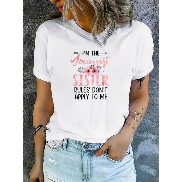 T-Shirt Col Rond Extensible Confortable pour Femmes - Floral Jeune Sœur, Doux, Décontracté Sportif pour Usage Quotidien, Toutes Saisons pour Adultes, Hommes, Femmes, Adolescents, Adolescents, Jeunes
