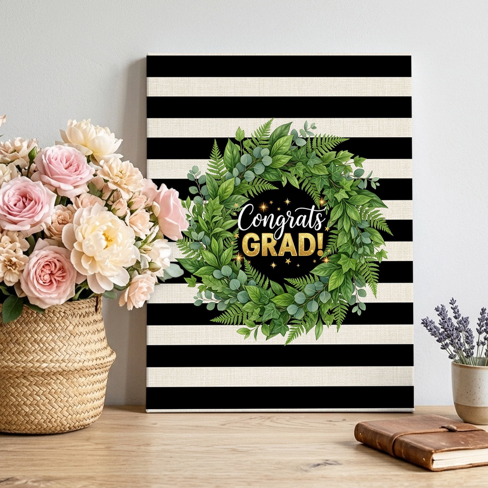 Graduate Season Canvas Wall Art for Living Room, Congrats Grad Bachelor's Cap Leaf Wreath Black Stripes Wall Decor Framed Artwork Pictures Ready to Hang for Bedroom Office Home Decor
