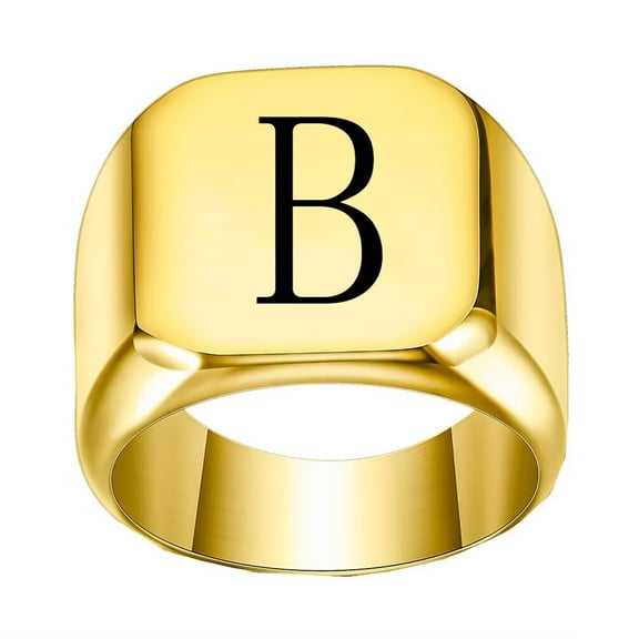 PAMTIER Stainless Steel Trendy Minimalist Square Alphabet Initial Signet Ring for Men Women Gold B Size 12
