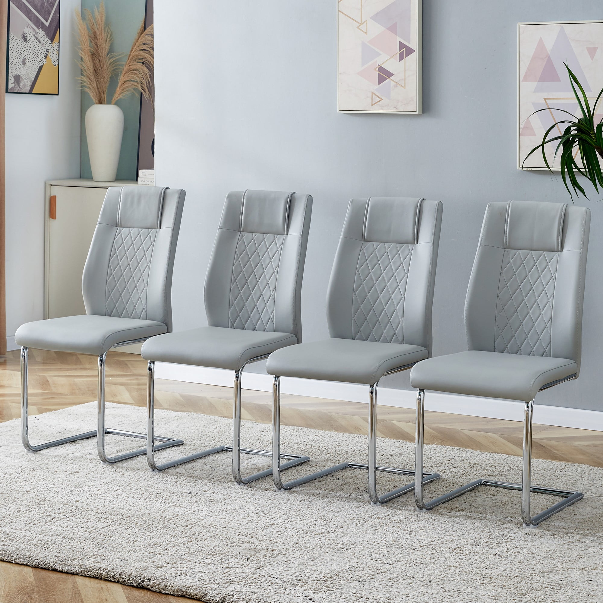 Aukfa Dining Chairs Set of 4, High Back Metal Side Chairs with Faux Leather Padded Seat for Kitchen, Dining Room, Ligh Gray/Silver