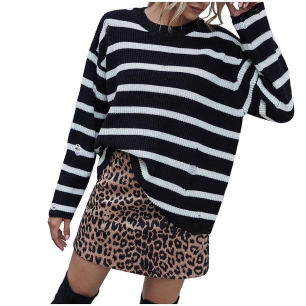 Suéter de punto a rayas para mujer Suéter de manga larga informal Suéter de cuello redondo Pompotops hdfakjf11062