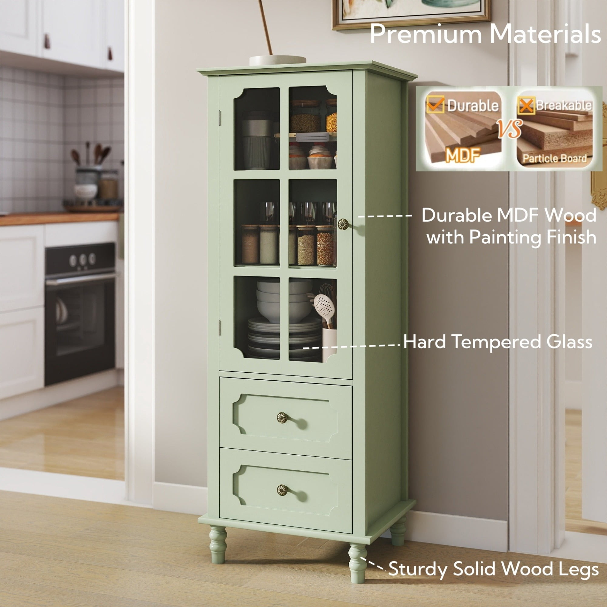Leumius Minimalism Buffet Cabinet with Glass Doors and Double Drawer, Modern Wooden Storage Sideboard Cupboard for Living room Dining Room Hallway Entryway Green