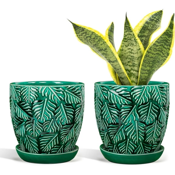 Ceramic Plant Pots, 6 Inch Indoor Plant pots with Drainage Hole and Saucer, Flower Pots, Leaf Embossed - Green Glaze, Set of 2