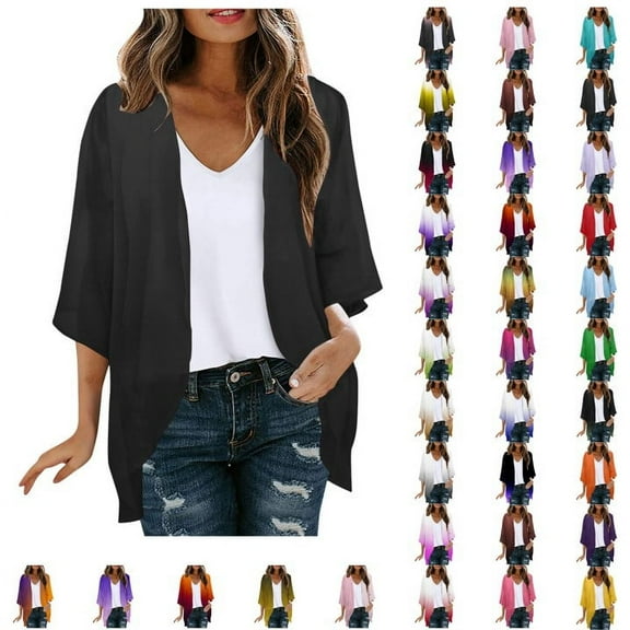 Meichang Light Weight Cardigan Women Summer Solid Puff Sleeve Chiffon Kimono Sheer Cardigans Lightweight Casual Open Front Cover Ups Tops Blue L