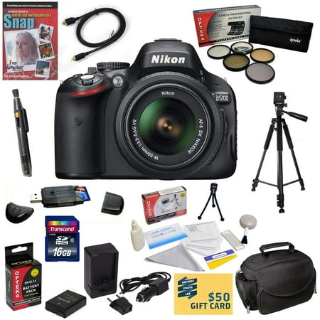 Nikon D5100 Digital SLR Camera with 18-55mm NIKKOR VR Lens with16GB High-Speed SDHC Card, Reader, Extra Battery, Charger, 5 PC Filter, HDMI Cable, Case, Tripod, Cleaning Kit, DVD, $50 Gift Card,