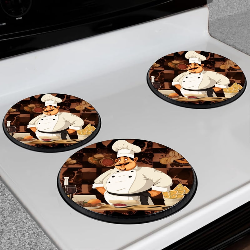 Bahomeck Gas Stove Burner Cover Set Of 4,Cartoon Chef Character Is Surrounded By Various Types Of Food Metal Electric Stove Burner Covers,Protecting Gas Stoves,Kitchen Decor，8 Inch And 10 Inch