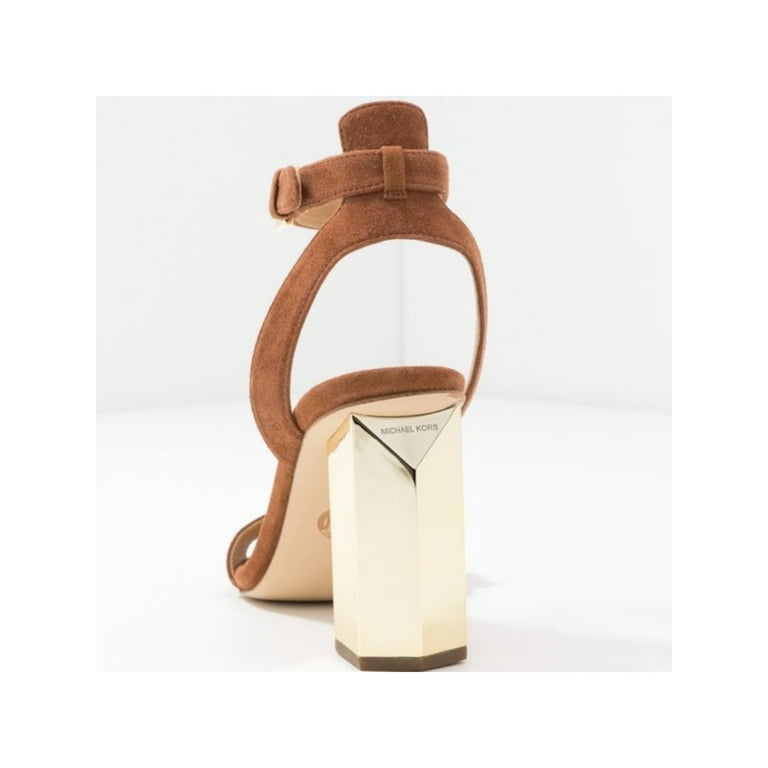 MICHAEL KORS Womens Brown Mirrored Heel Ankle Strap Cushioned Petra Square Toe Sculpted Heel Buckle Leather Dress Sandals Shoes 10 M