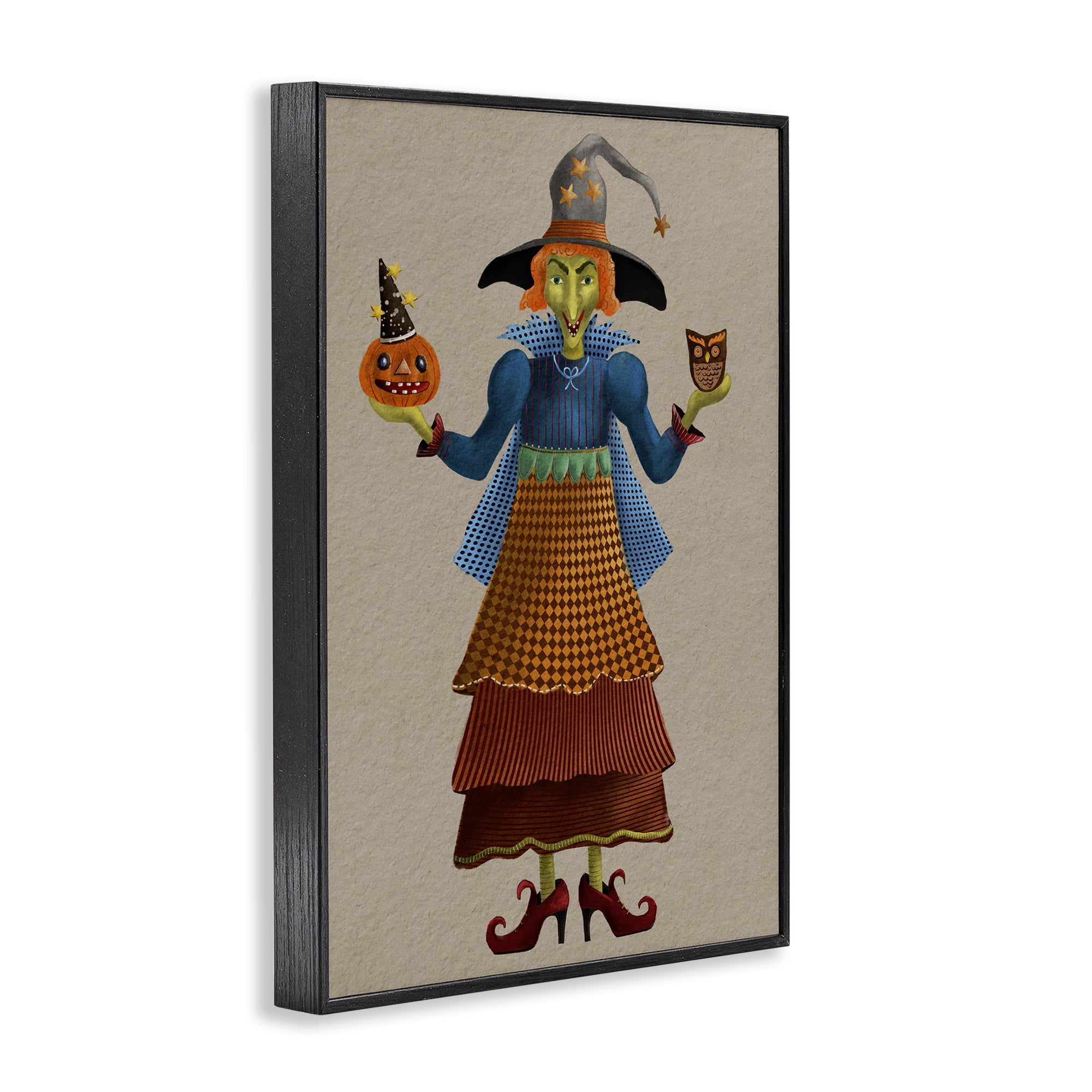 Stupell Industries Halloween Witch in Plaid Holiday Painting Black Framed Art Print Wall Art, 20 x 30