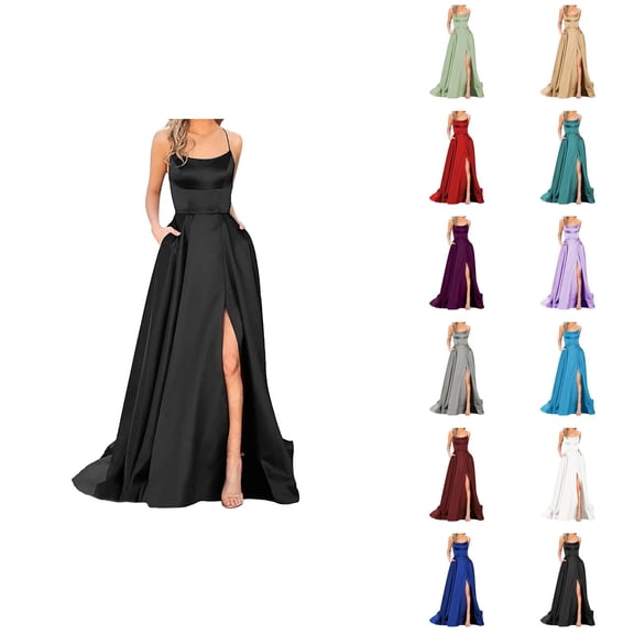 Satin Prom Dresses for Women Sleeveless Spaghetti Strap Backless Slit Maxi Formal Dress Evening Gowns