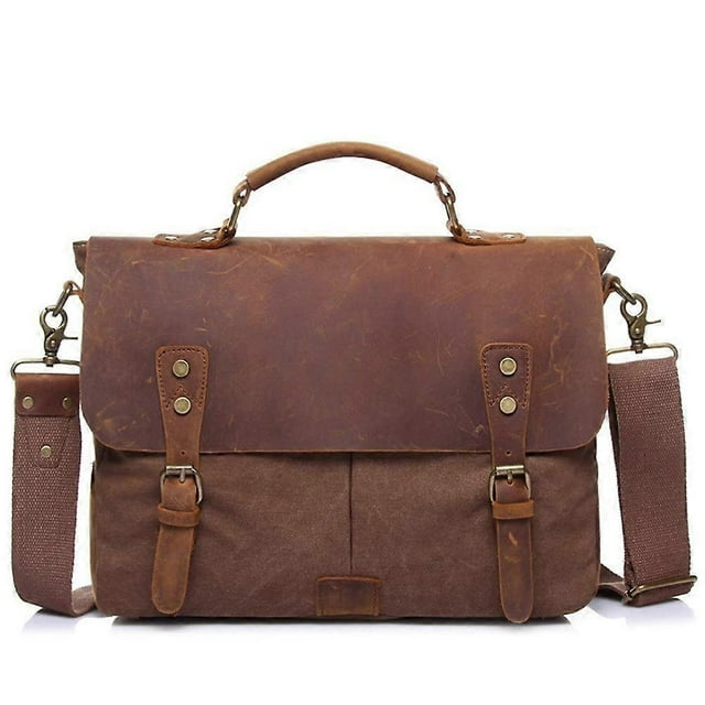 Messenger Bag, Crazy Horse Leather, Vintage Canvas, 13 Inch Laptop Briefcase, Anti Theft Crossbody, Coffee