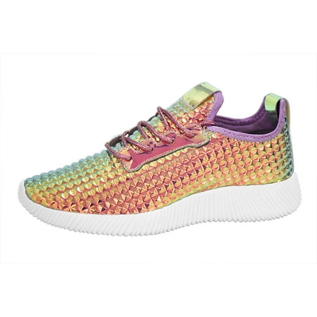 LUCKY STEP Women Lightweight Metallic Hologram Laced Pyramid Leatherette Studded Jogger Casual Sneaker (6 B(M) US, Hologram Purple)