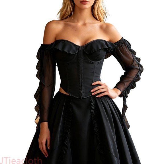 JTieacloth Womens Gothic Tops Elegant White French Court Corset Top With Long Sleeves And Bone Front Bodice For