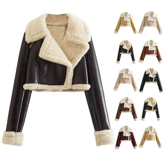 NANAIQ Winter New Women's Fur Short Leather Jacket Padded Thick Warm Artificial Fur Thicken Warm Zipper Women’s Puffer Jacket Coat, Light Brown, L