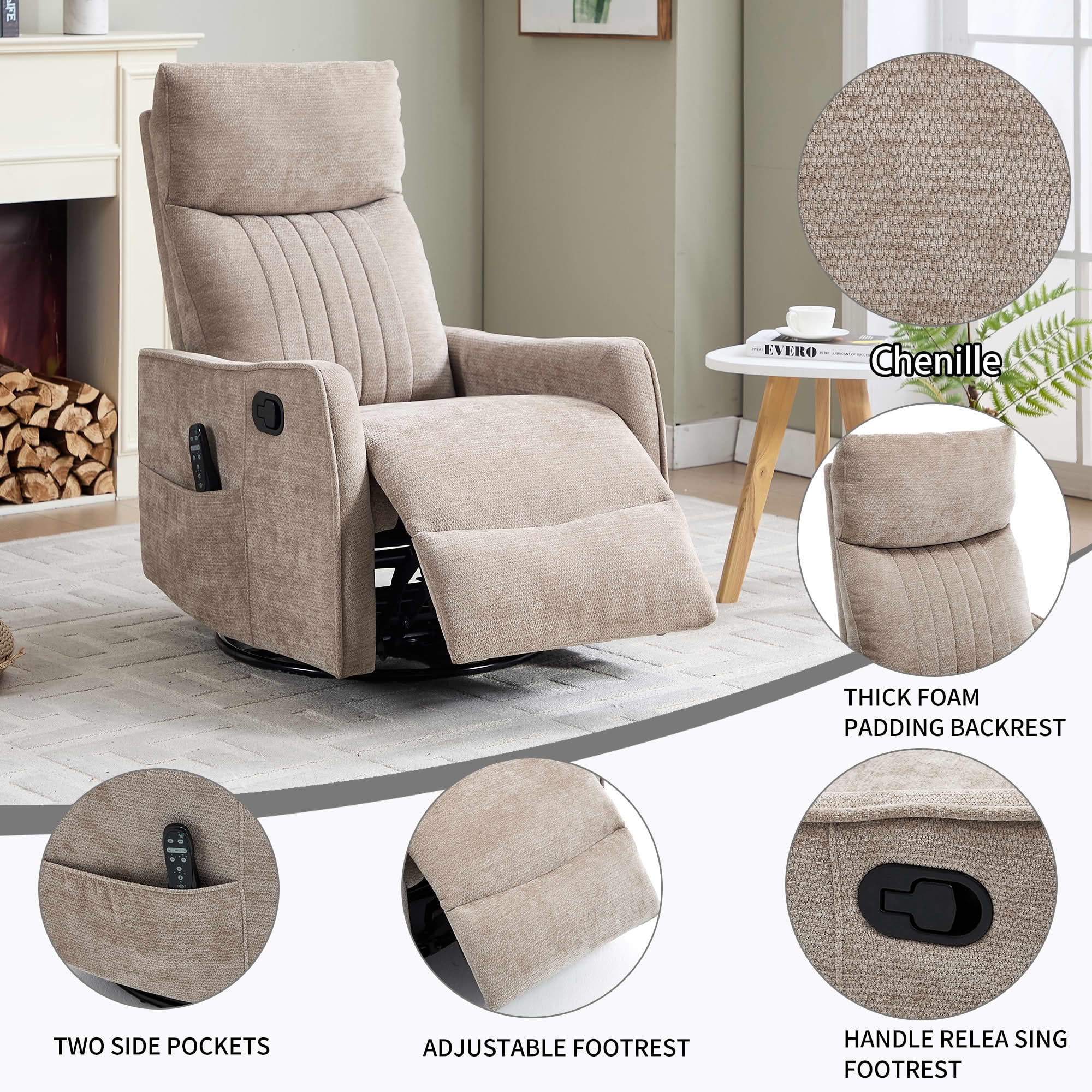 MAYEERTY Faux Leather Heat Massage Recliner Chair, 360° Swivel Rocker 26"x35"x39" for Living Room, Dark Brown