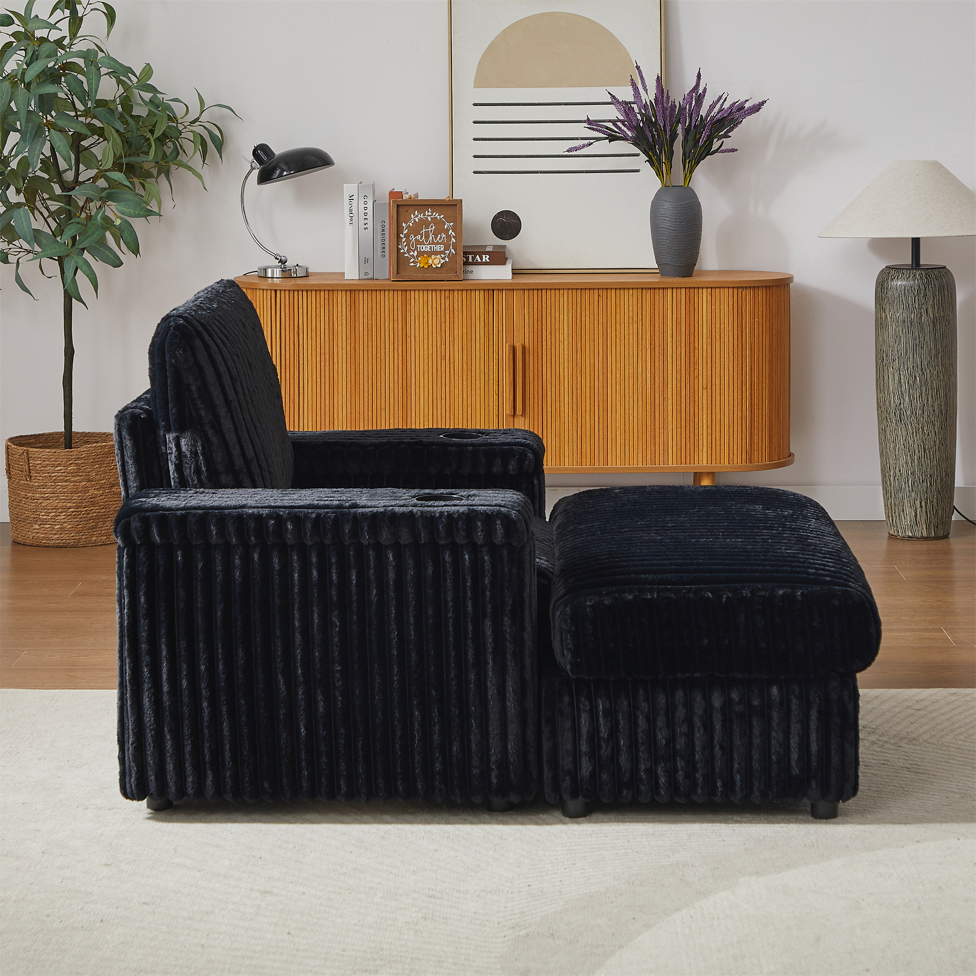 Aukfa 43" Corduroy Chaise Lounge w/ 2 Cupholders, Storage Bench & Arm, Plush Chair Bed, Black