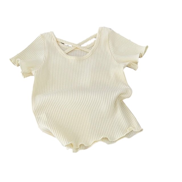 1-8 Years Girls Back Short-Sleeved T-Shirt Summer Childrens Solid Color All-Matching Casual Top