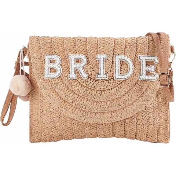 Bride Straw Shoulder Bag Woven Clutch Bag Summer Beach Crossbody Handbags with Two Balls Woven Rhinestone Wedding Vacation Purse Honeymoon Bridal Shower Gift for DIY Bride Party Honeymoon