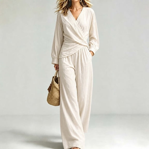 LEKWK 2 Piece Sets for Women Elegant V Neck Long Sleeve Wrap Top and Wide Leg Pants Casual Matching Sets Vacation Casual Loungewear