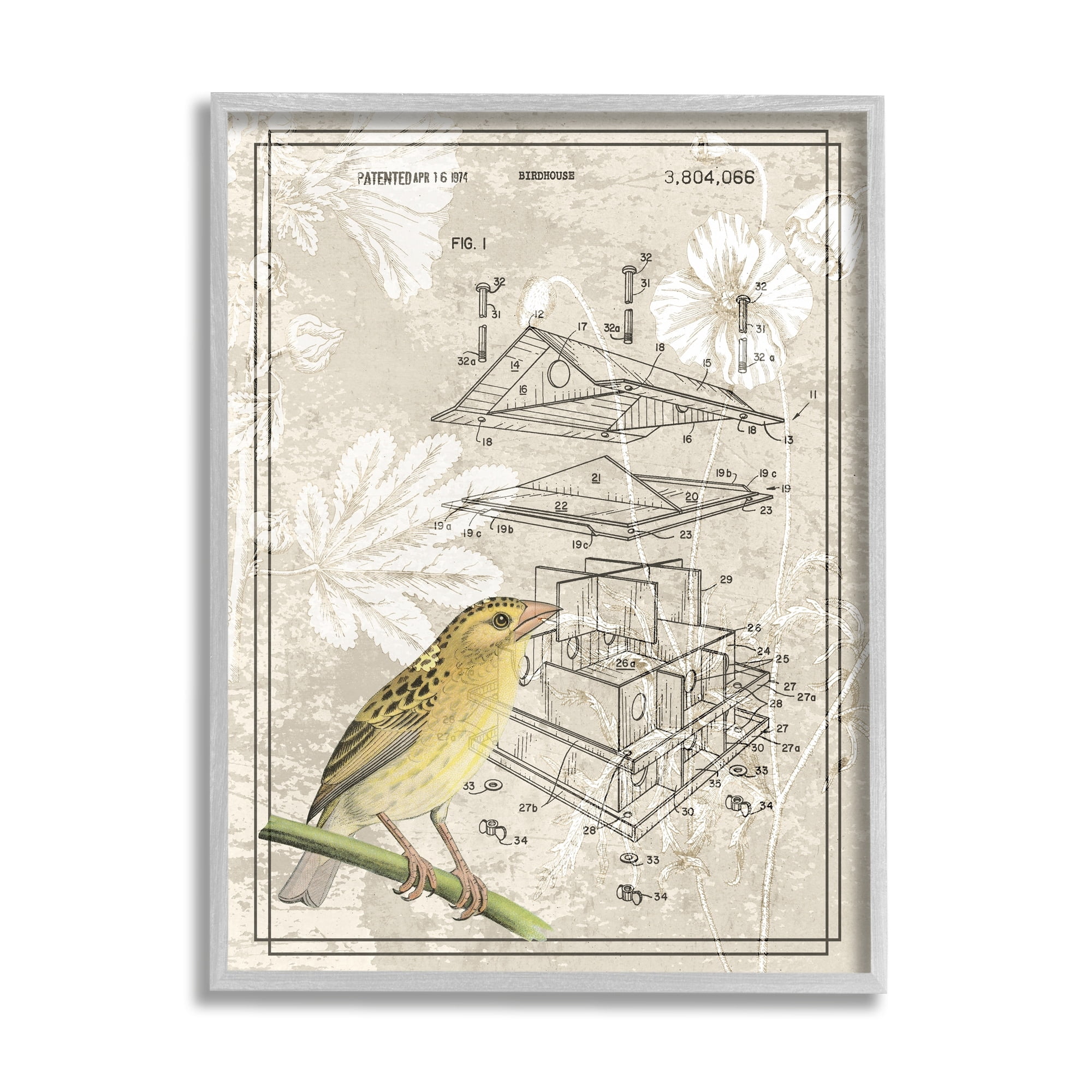 Bird House Vintage Patent Forest Pattern Yellow Canary Animals & Insects Graphic Art Framed Art Print Wall Art