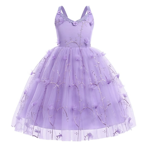 IBTOM CASTLE Kids Toddler Girls Floral Lace Tulle Backless Butterfly Dress Princess Birthday Wedding Bridesmaid Pageant Formal Party Dresses 5-6 Years Purple